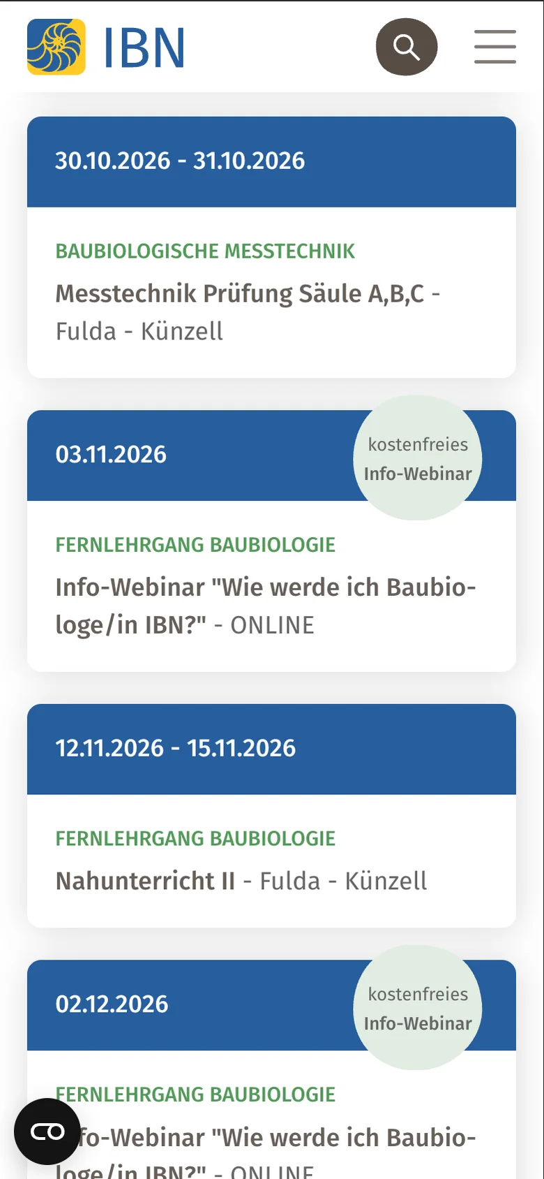 IBN auf dem Smartphone – Veranstaltungskalender