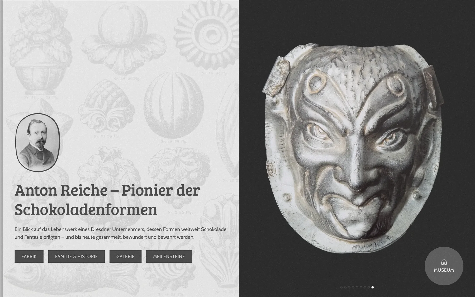 Anton Reiche – Startseite mit Maskenform (Slider-Motiv, Manuel 13.09.)